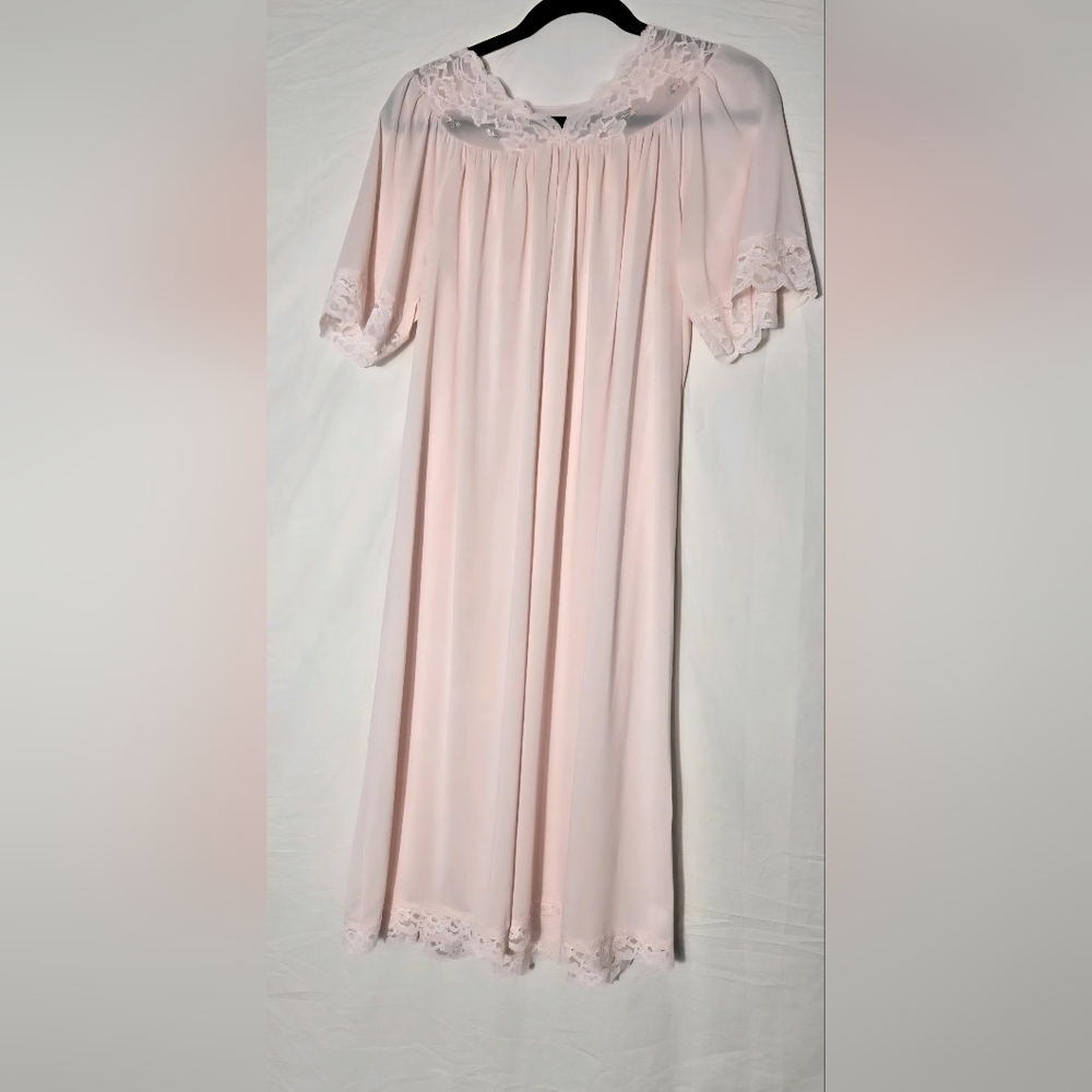 Vintage Shadow Line Elegant Pink Lace Trim Nightgown S